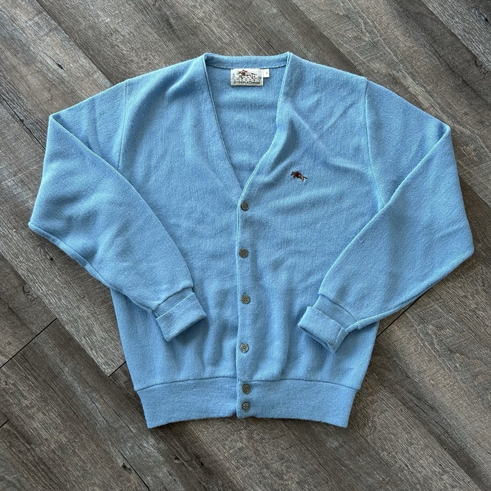 Vintage Steeplechase Sweater Mens Medium Blue Orlon Cardigan Knit USA 70s 80s